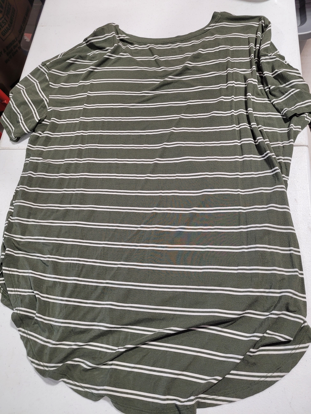 Time and Tru Olive Green and White Striped V-Neck Short Sleeve Tee - Picture 3 of 3